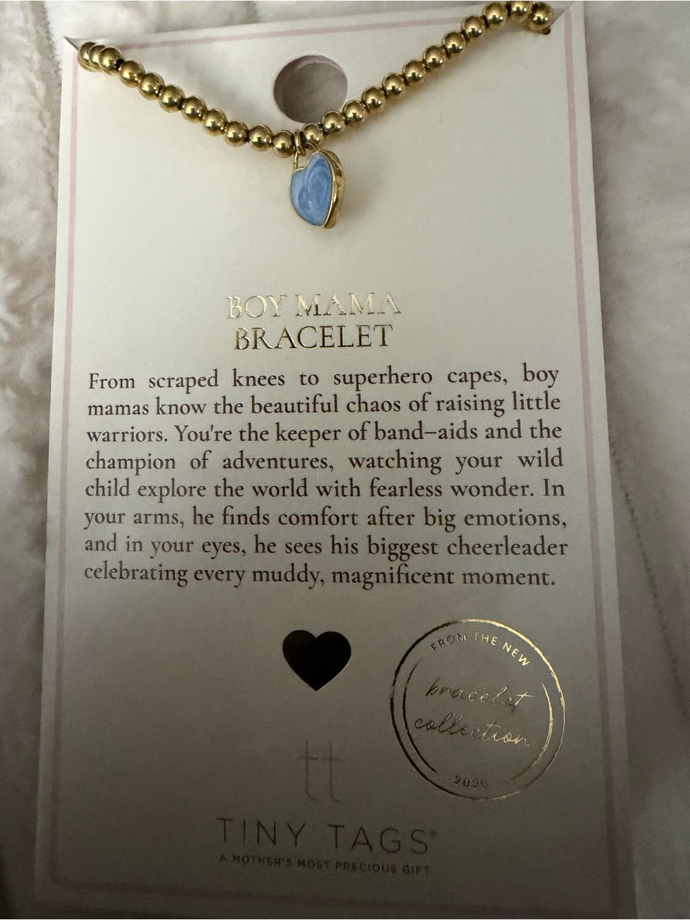 Tiny Tags Boy Mama Bracelet Gold Beaded with Light Blue Heart Charm